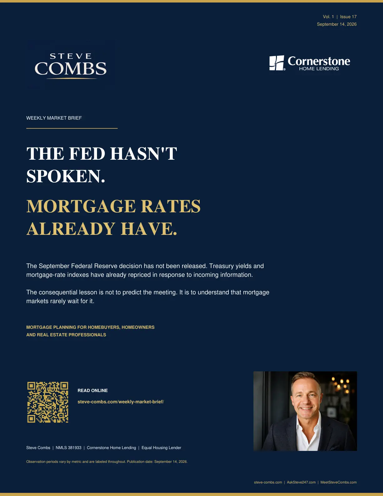 Cover of Steve Combs Weekly Market Brief Issue 17: The Fed Hasn’t Spoken. Mortgage Rates Already Have.