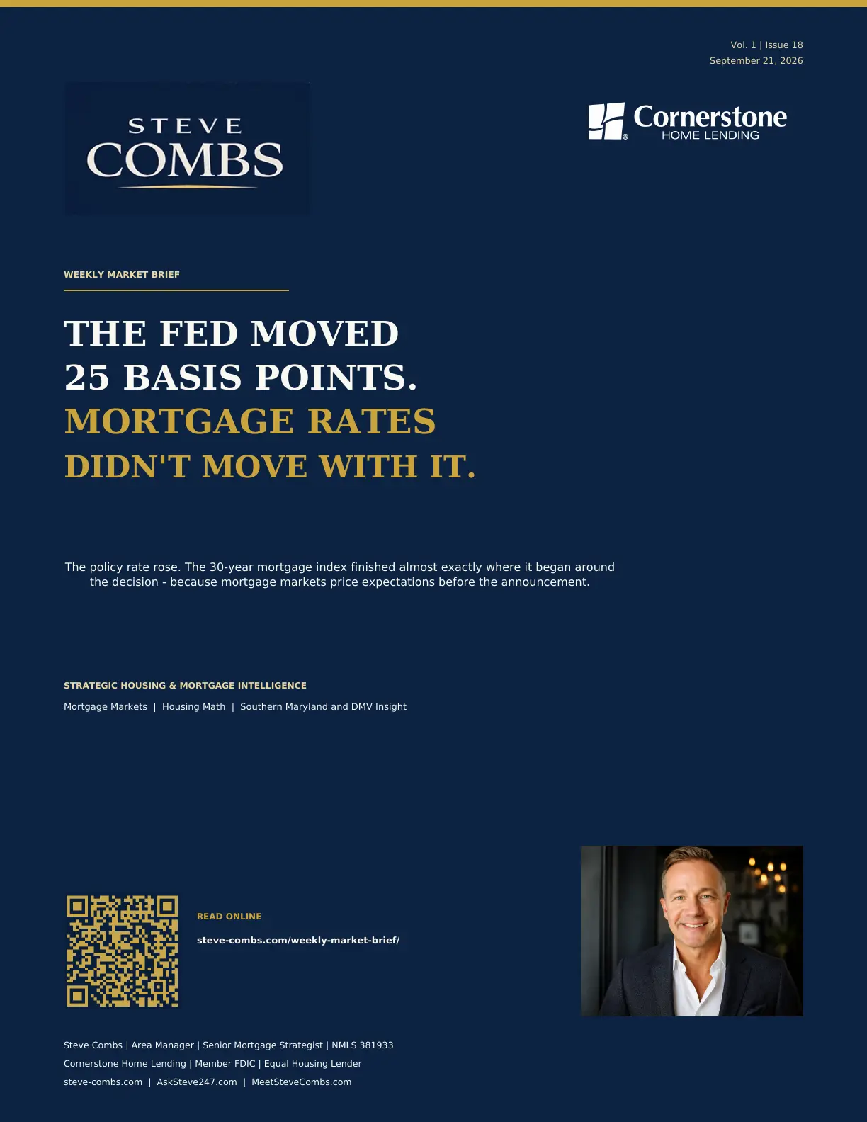 Cover of Steve Combs Weekly Market Brief Issue 18: The Fed Moved 25 Basis Points. Mortgage Rates Didn’t Move With It.